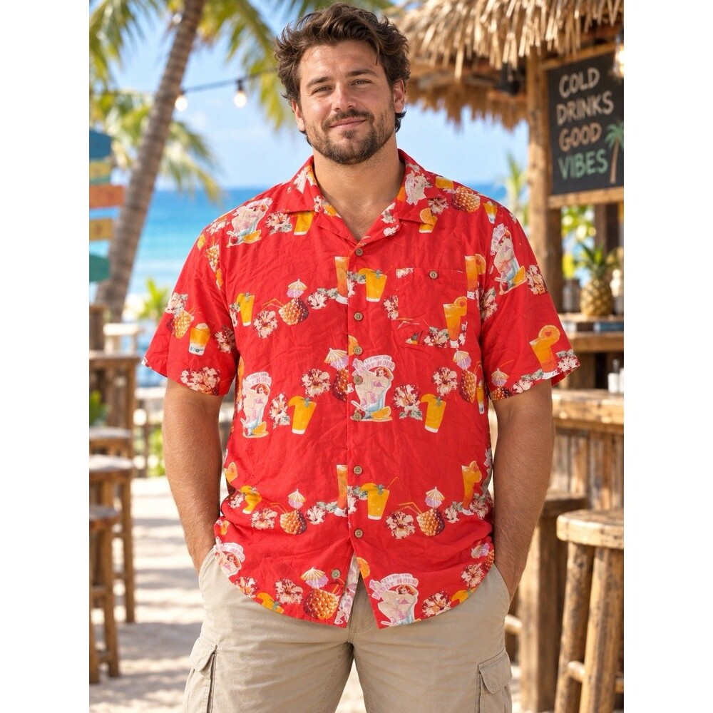 Junction West Hawaiian Shirt XXL Red Happy Hour Cocktail Bikini Pinup Tropical